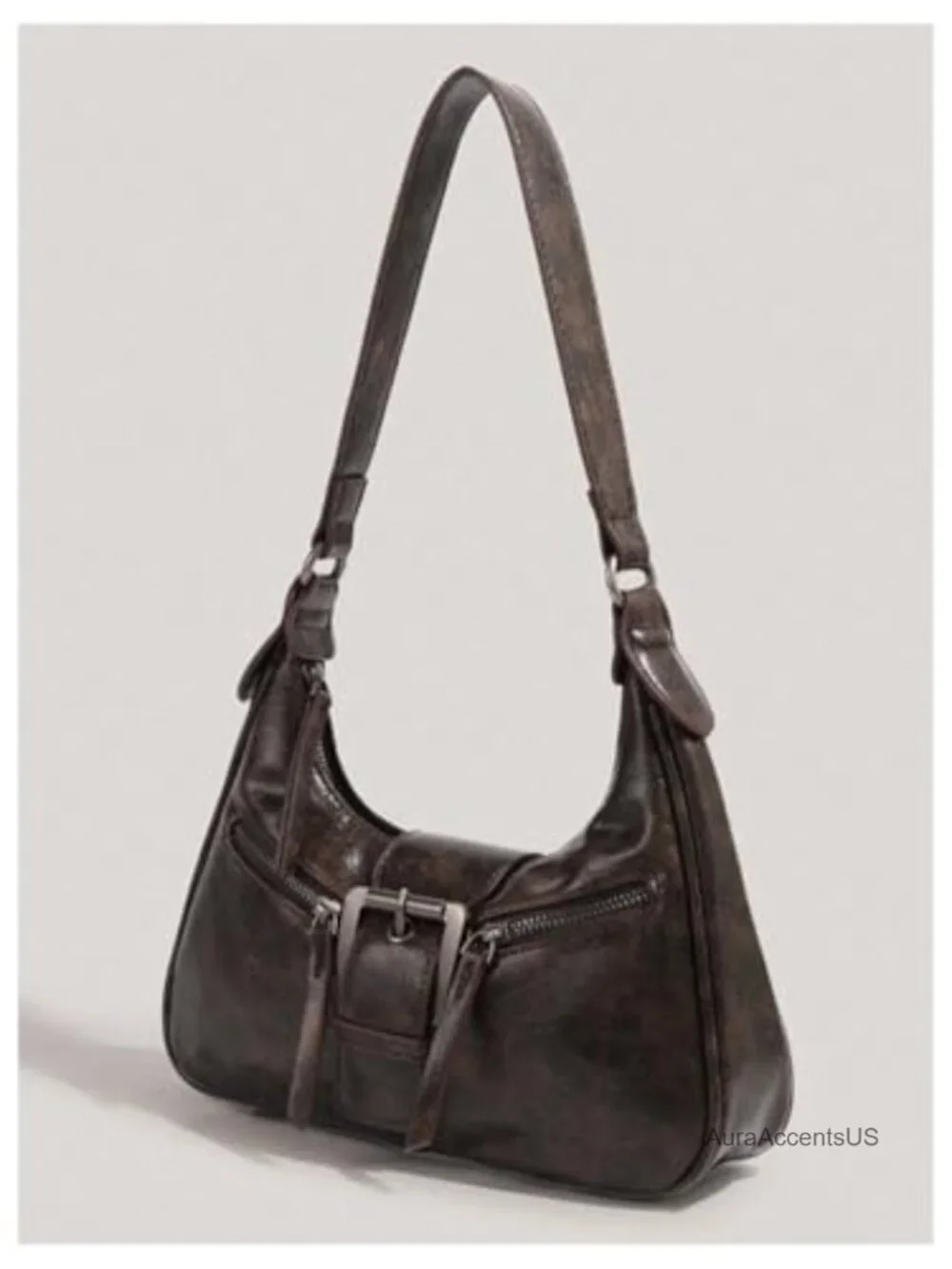 Women's Faux Leather Hobo Shoulder Bag with Top Zipper and Buckle | Handbag